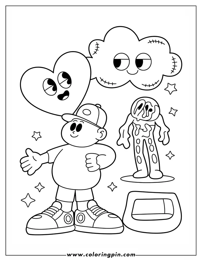 Line art of a boy with a baseball cap, standing near a melting heart, a cloud, and a beanbag chair. Stars are scattered around the scene.