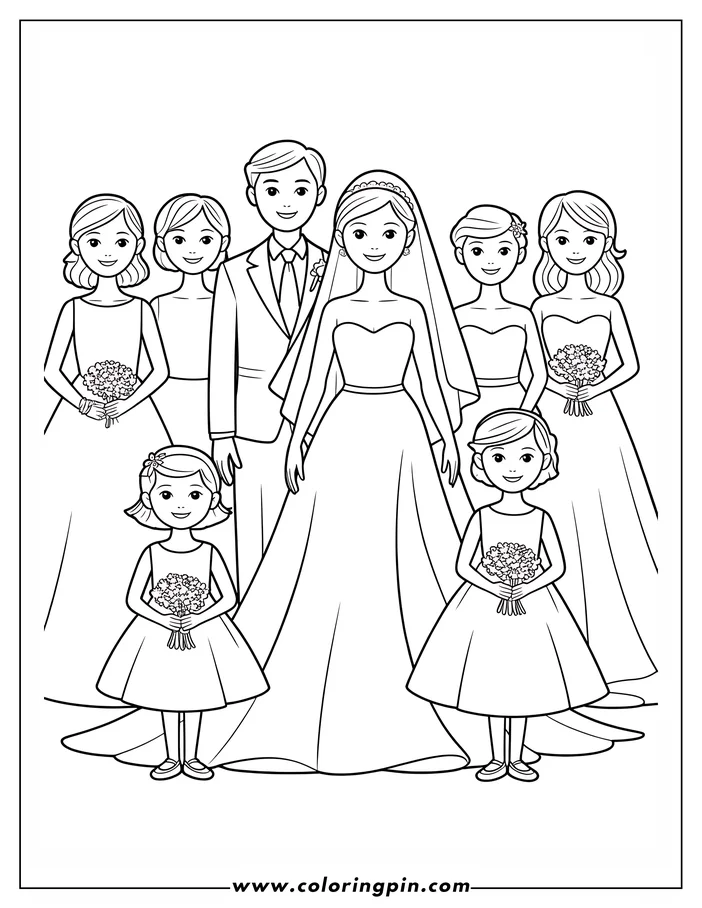 Line art of a bride and groom with their wedding party, including bridesmaids and flower girls holding bouquets.