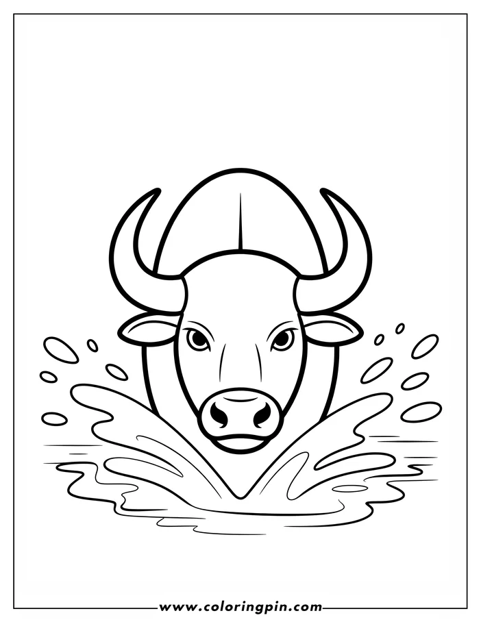 Line art of a bull splashing in water, creating ripples and droplets.