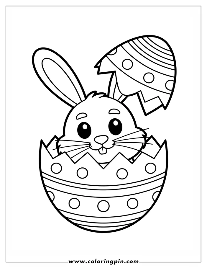Simple outline drawing of a bunny hatching from a decorated Easter egg, a fun design for a children's coloring sheet.