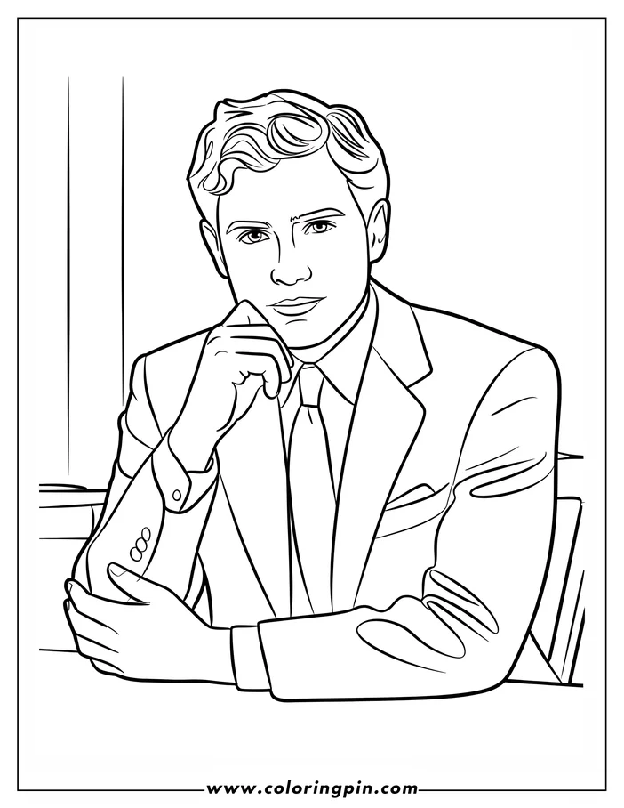 Line art of a businessman sitting at a desk with his hand on his chin.