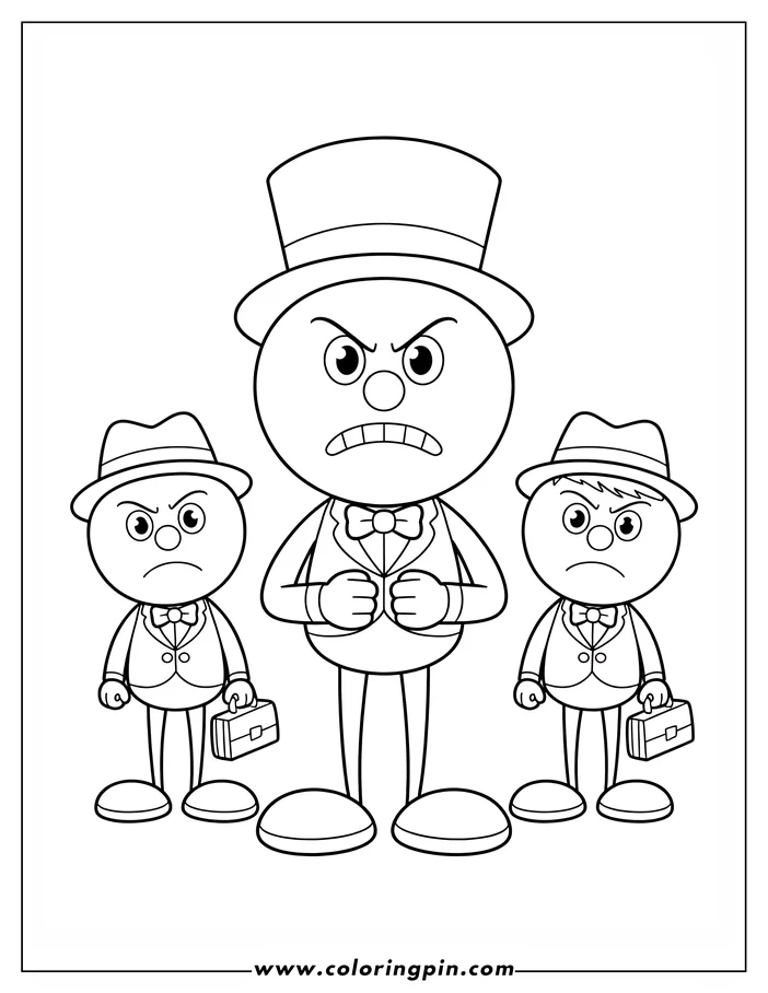Line art of three cartoon businessmen. The center figure, taller and wearing a top hat, stands with his fists on his hips. Two shorter businessmen flank him, each holding a briefcase.