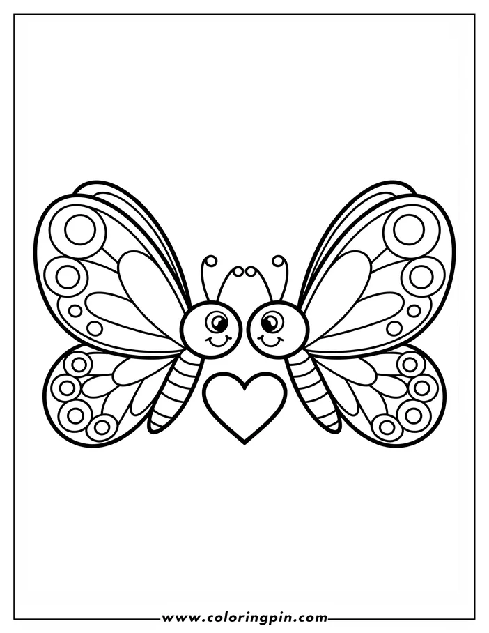 Simple line art of two butterflies facing each other with a heart between them, a coloring sheet design. Their wings are decorated with circles and simple patterns.