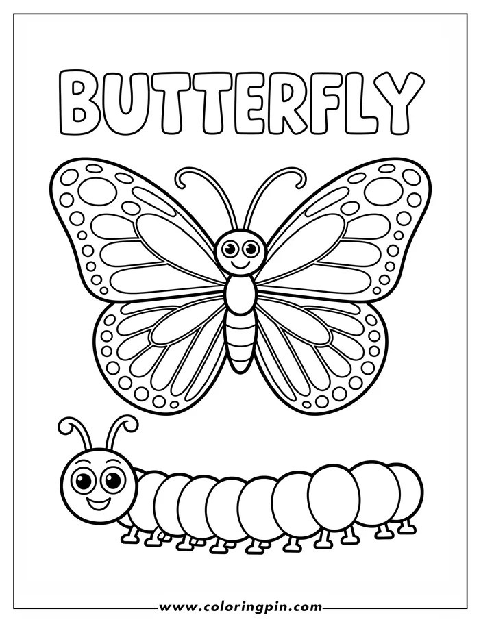 Simple, bold line art depicts a butterfly with large, patterned wings and a friendly caterpillar below. The butterfly and caterpillar both have large eyes and are smiling. Perfect for a children's coloring page.