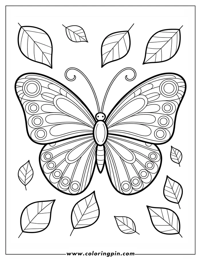 Line art of a butterfly with patterned wings surrounded by leaves, a design for a coloring page.
