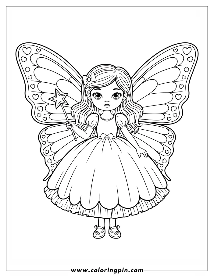 Line art of a fairy with large butterfly wings decorated with hearts. She holds a magic wand with a star and wears a dress and shoes.  This is a coloring sheet design.