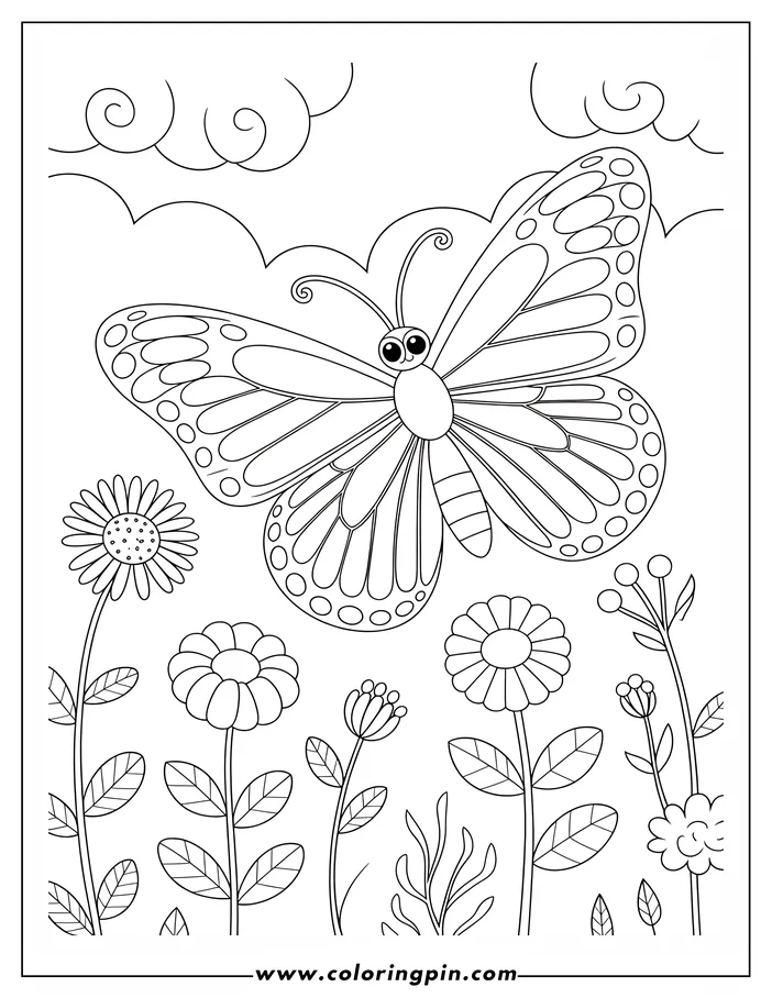 Line art of a butterfly with patterned wings flying above a field of various flowers. This coloring sheet design is ready for kids to add their own vibrant colors.