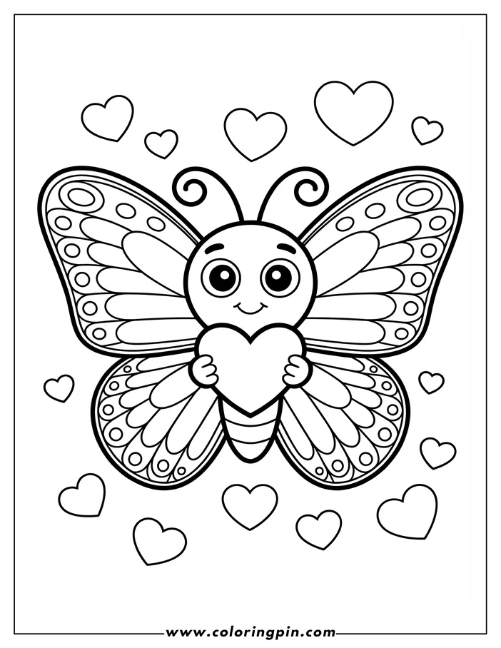 Simple, cute line art of a butterfly holding a heart, suitable for coloring. Its wings have decorative patterns, and additional hearts float in the background. This image is designed as a coloring page.