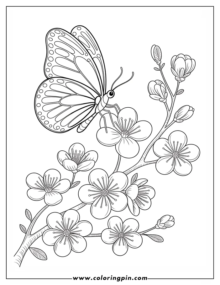 Detailed line art of a butterfly perched on a flowering cherry blossom branch, presented as a coloring page. The butterfly's wings showcase intricate patterns, and the branch features several blossoms and buds. 