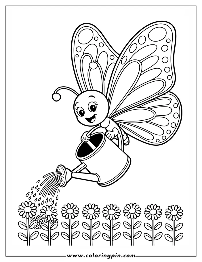 Line art of a butterfly watering flowers with a watering can. The butterfly has large, patterned wings and a happy expression. Below, a row of simple flowers awaits the water. This is a design for a coloring sheet.