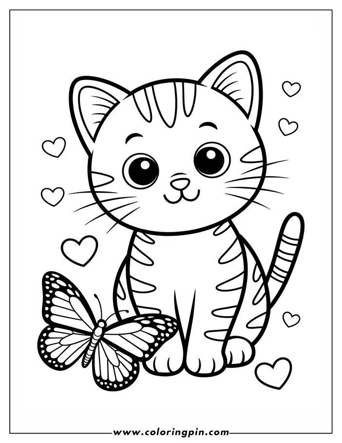 Line art of a coloring page depicts a friendly-looking striped cat sitting next to a large monarch butterfly, with decorative hearts scattered around. The scene is simple and cheerful, ideal for children's coloring activities.