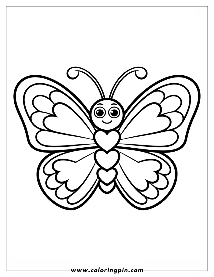 Simple line art of a butterfly with heart-shaped markings on its body and wings, designed as a coloring sheet. The butterfly has large, round eyes and a gentle smile. Its wings are spread and decorated with curved lines, creating a layered heart pattern.