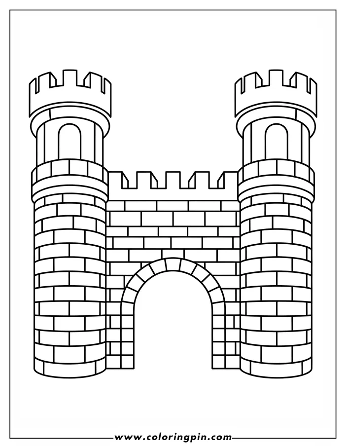Outline of a castle with two towers and a central archway. The walls are made of bricks, and the towers have crenellated tops.