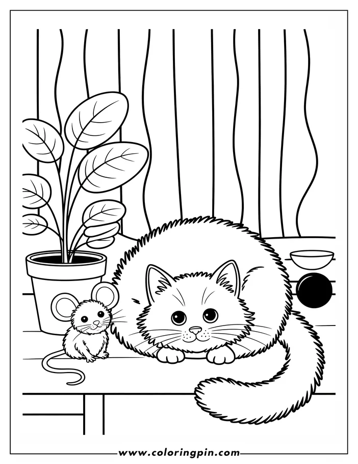 Line art of a fluffy cat and a small mouse sitting together on a table. A potted plant is behind them, and food bowls are visible in the background. This is a coloring sheet design.