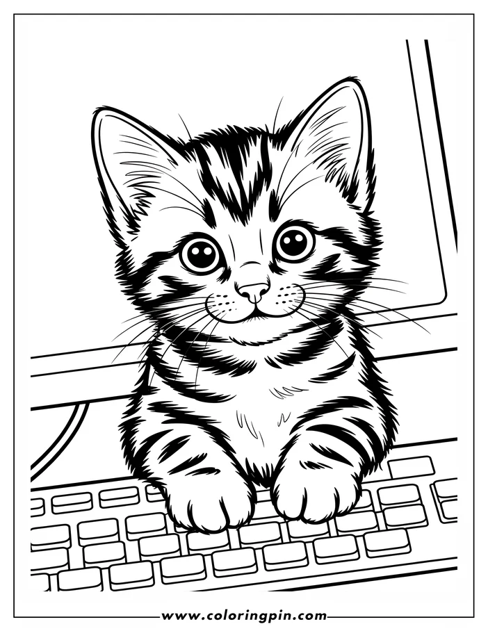 Line art of a cat with stripes sitting at a computer keyboard, seemingly ready to type, in a coloring page design. A computer monitor is visible in the background.