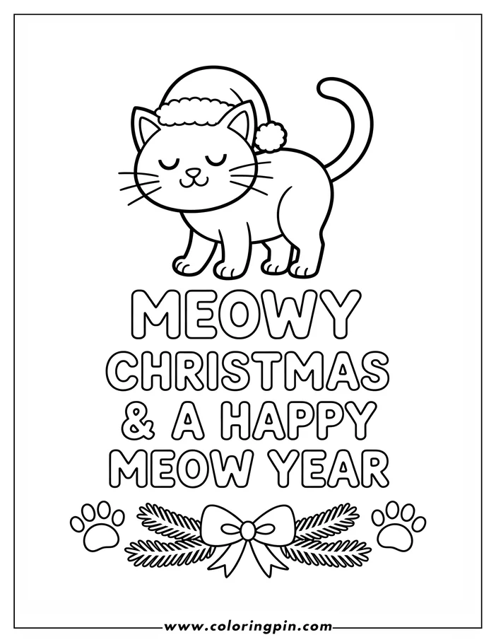 Simple line art drawing of a cat wearing a Santa hat, with a "Meowy Christmas" message and festive decorations below. Perfect as a holiday coloring page.