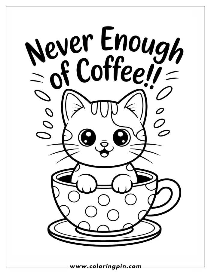 Simple coloring sheet design of a cute cat sitting inside a polka-dotted coffee cup. The cat has large, expressive eyes and a happy smile.