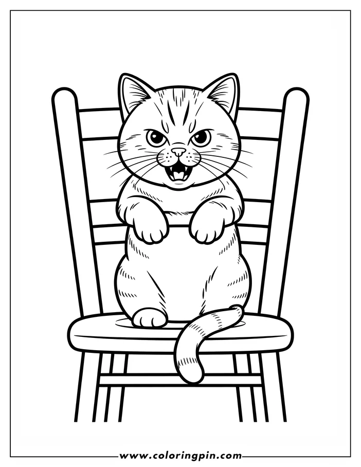 Line art of a cat sitting on a chair, gripping the edge of the seat.  The cat has a playful, mischievous expression with wide eyes and bared teeth. Its fur appears striped, and its tail curls alongside it. This design is a coloring sheet illustration.