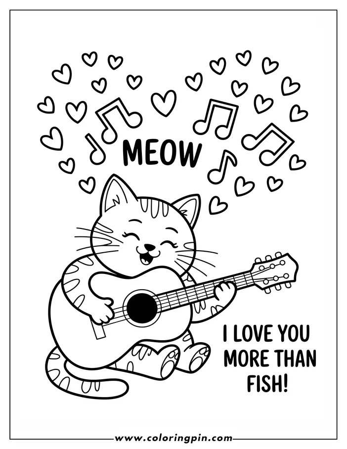 Line art of a cartoon cat playing a guitar, surrounded by hearts and musical notes. The text 'Meow' appears above, and 'I love you more than fish!' below. This design is a coloring sheet for printing.
