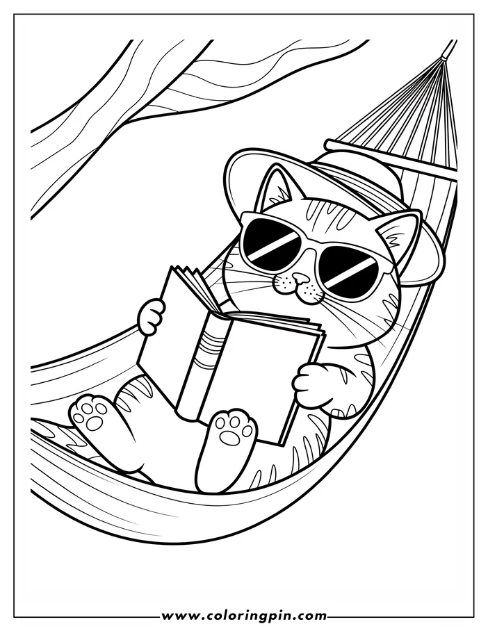 Line art of a cat wearing a sun hat and sunglasses, relaxing in a hammock while reading a book. This coloring sheet design features a simple background with part of a tree visible. The cat's striped fur and paws add detail to the drawing, perfect for a relaxing coloring activity.