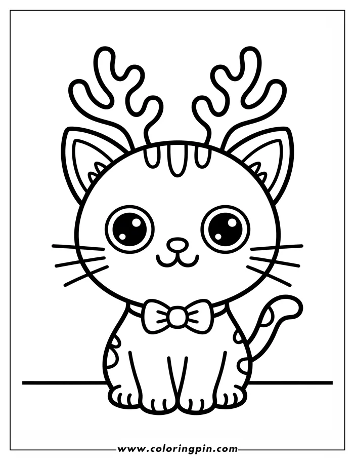 Simple line art of a cat wearing antlers and a bow tie, designed as a coloring sheet. The cat has large eyes and a gentle expression.