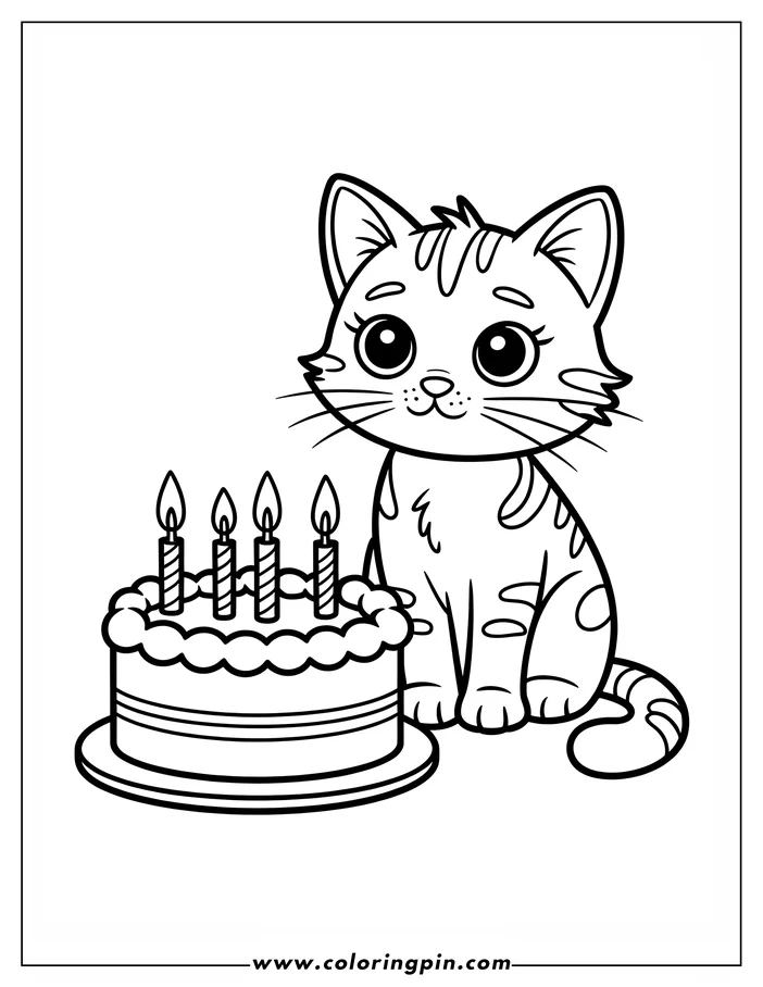 Simple line art of a cat sitting beside a birthday cake with lit candles, ready for coloring. The cat has a content expression and striped markings. A fun coloring sheet design for kids.