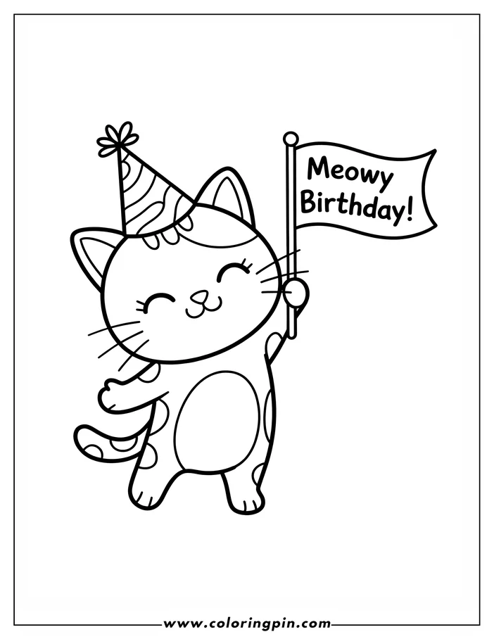 Line art of a happy cat holding a birthday flag that reads "Meowy Birthday!" The cat wears a party hat and has spots on its fur. This is a coloring sheet design, perfect for a birthday activity.