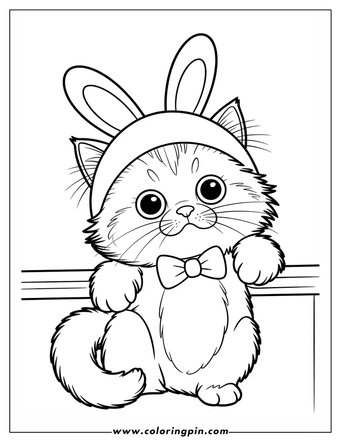 Line art of a cat wearing bunny ears and a bow tie, sitting on a surface. This coloring sheet design is perfect for kids and cat lovers.
