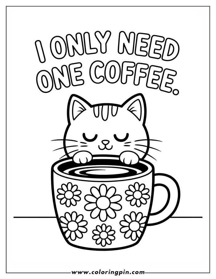 Simple, cute line art of a cat peeking over a large, daisy-decorated coffee mug. The cat's eyes are closed, giving it a peaceful expression.  A coloring sheet design perfect for cat lovers.