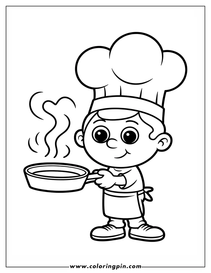 Line art of a cartoon chef holding a steaming frying pan, wearing a chef's hat and apron.