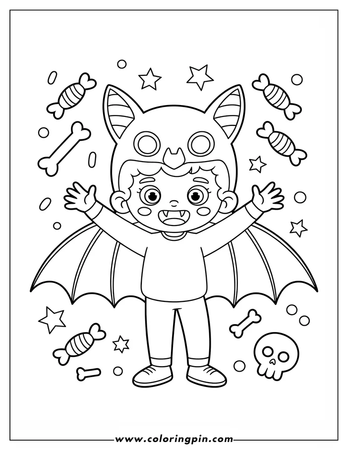 Halloween-themed coloring page: A child wearing a bat costume smiles with arms outstretched. The outline drawing features bat wings, a hooded headpiece, and a background with candies, bones, stars, and a skull.