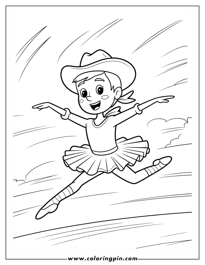 Line art of a child wearing a cowboy hat and tutu dancing.