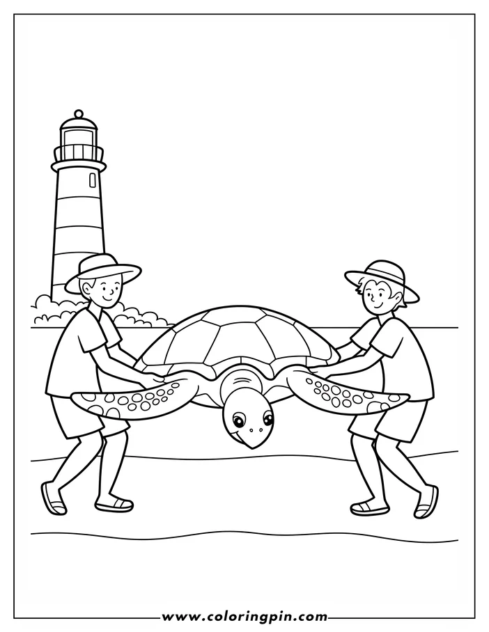 Two children carrying a large sea turtle near a lighthouse. The children wear hats and sandals, while the turtle has distinctive patterned flippers. A simple lighthouse stands in the background.