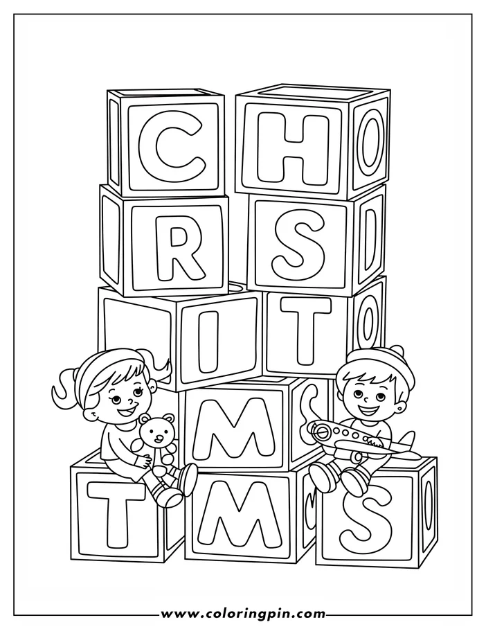 Two children sit with toy blocks spelling CHRISTMAS. The girl holds a teddy bear and the boy an airplane.