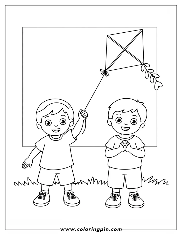 Two young children playing with a kite outdoors. One holds the string while the other watches. Simple line art illustration ready for coloring.