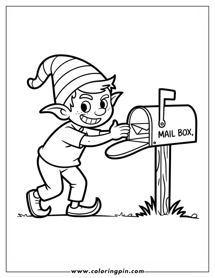 Line art of a Christmas elf mailing a letter.  The elf wears a striped hat and simple clothes. The mailbox sits on a wooden post with grass around it.