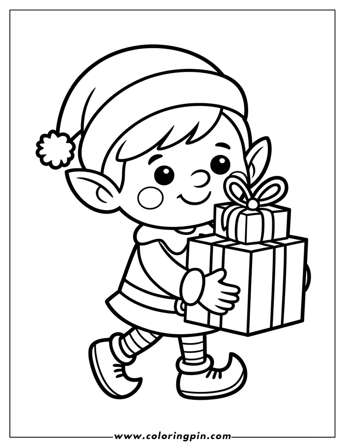 Line art of a Christmas elf carrying stacked presents, wearing a pointed hat and a tunic, ready to be colored. This is a festive coloring sheet design perfect for the holidays.