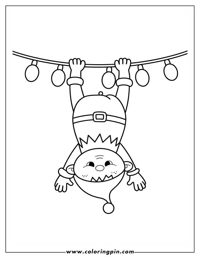 Line art of a Christmas elf hanging upside down from a string of lights, designed as a coloring page. The elf wears a pointy hat and a tunic with a belt.