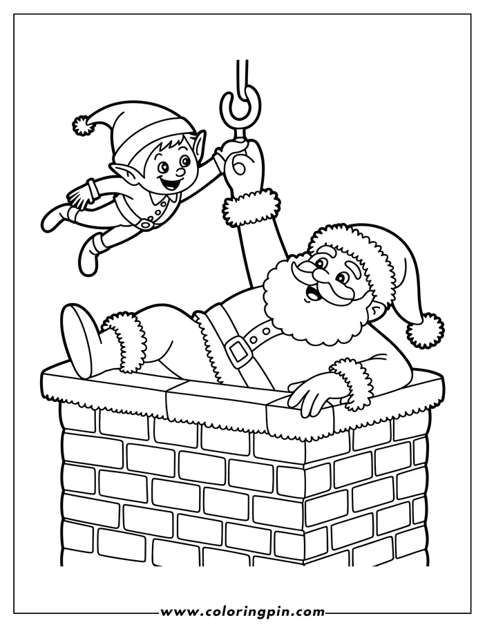 Christmas coloring page depicting an elf helping Santa Claus down a chimney. The scene shows Santa Claus with his signature beard and hat coming down a brick chimney, with an elf holding his hand.  The jolly duo is ready for coloring.