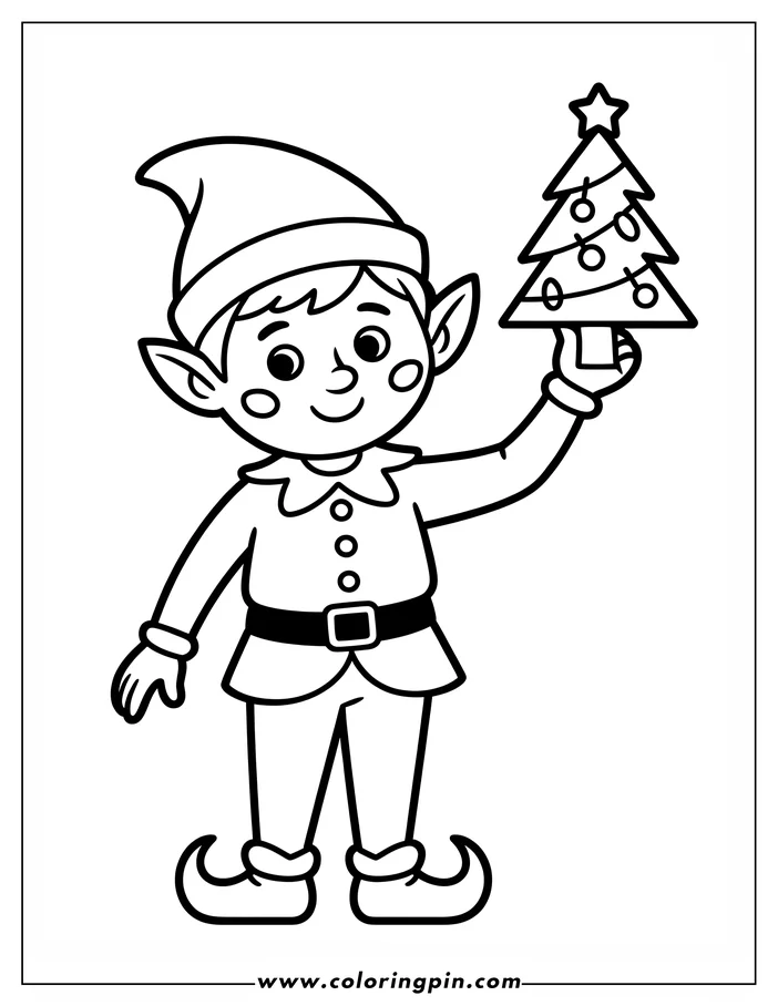 Line art of a Christmas elf holding a decorated Christmas tree.  The elf wears a pointed hat and curly shoes, perfect for a festive coloring activity.