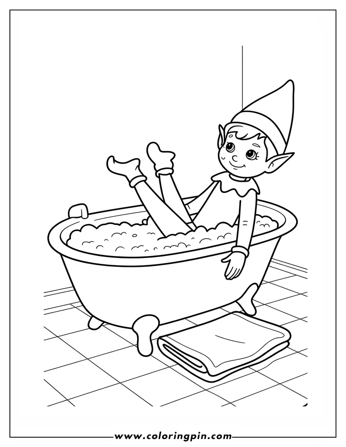 A Christmas-themed coloring page depicting a cheerful elf enjoying a bubble bath. The elf is shown relaxing in a clawfoot tub with their feet kicked up, wearing a traditional outfit. A neatly folded towel is placed on the tiled floor beside the tub.
