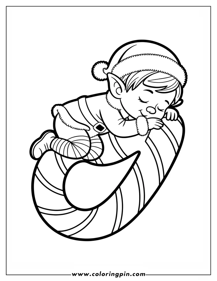 Line art of a Christmas elf sleeping peacefully on a large, striped candy cane. The elf wears a hat with a pom-pom and clothes with fuzzy trim, creating a cozy scene perfect for coloring.