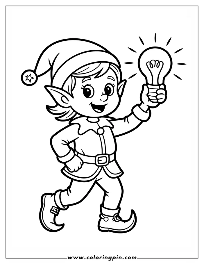 Line art of a Christmas elf holding a lightbulb. The elf is wearing a pointed hat with a star and a tunic with a belt.  This is a coloring sheet design.