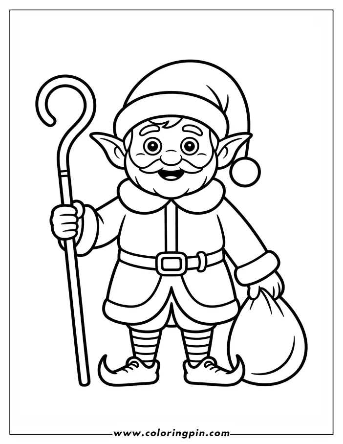 Outline of a cheerful Christmas elf holding a staff and sack. He's dressed in a festive outfit with a pointed hat, tunic, striped leggings, and curled shoes. The elf has a happy expression with a big smile and mustache.