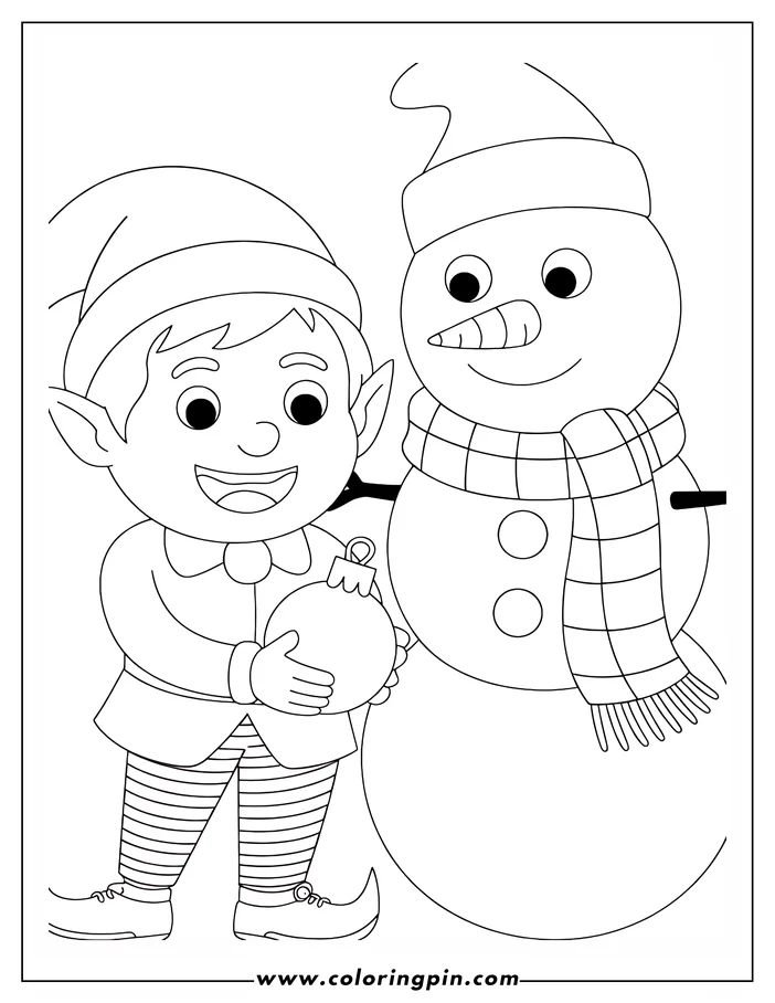 Line art of a Christmas elf and a snowman. The elf holds a Christmas ornament and smiles at the snowman, who wears a hat and scarf. This festive scene is a coloring sheet design, perfect for holiday activities.