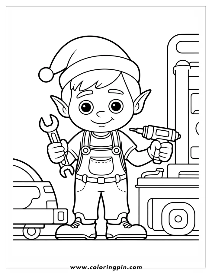 Line art of a Christmas elf holding a wrench and drill, with a toolbox and saw beside them.