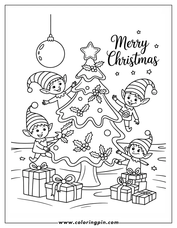 Line art of four Christmas elves decorating a tree and arranging presents underneath. The elves wear classic striped hats and have cheerful expressions, designed as a coloring sheet.