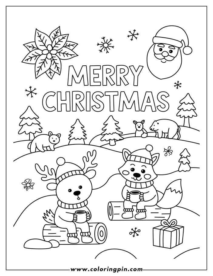 Line art of a Christmas scene featuring a reindeer and a fox, both wearing winter clothes, enjoying mugs of hot chocolate on logs. A bear, pine trees, and snowflakes create a festive background, along with the words Merry Christmas, a poinsettia, and Santa's face. This image is a coloring sheet design.