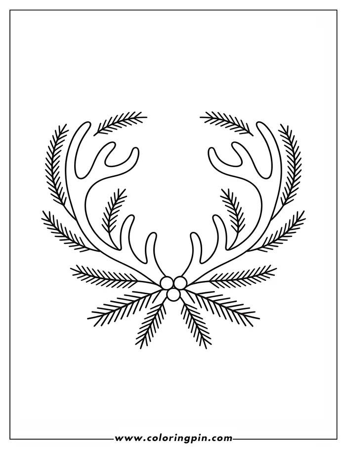 Line art drawing of Christmas reindeer antlers decorated with holly berries and pine branches, a festive design for a coloring page.
