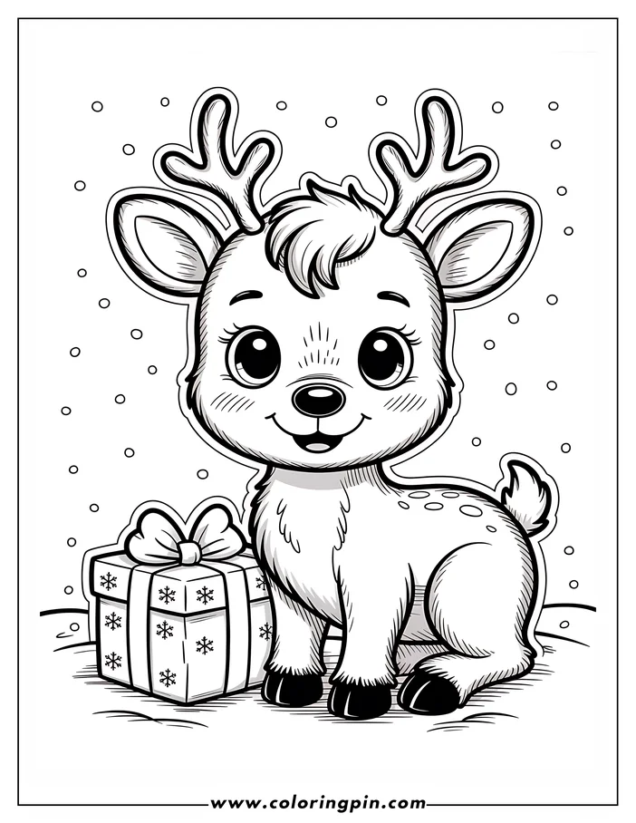 Line art of a cute Christmas reindeer standing next to a gift wrapped with a bow and decorated with snowflakes. The reindeer is a simple, cartoon-style drawing, suitable for a children's coloring page. Snowflakes are scattered in the background, adding to the festive theme.